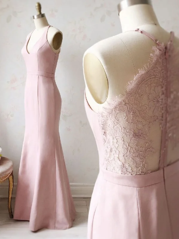 Luxe Embroidered Gown Pink v neck satin lace long prom dress, lace bridesmaid dress,DS1977