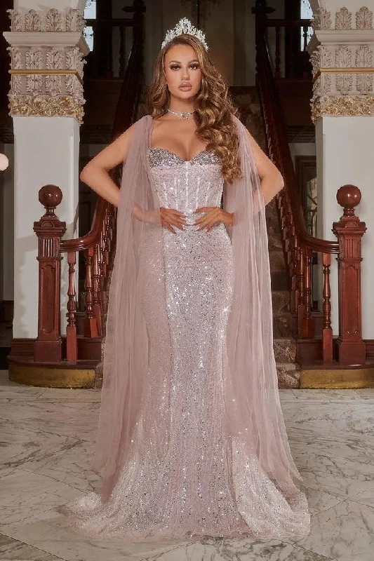 Subtle Shine Dress Portia and Scarlett PS22181 Long Formal Fitted Prom Cape Dress
