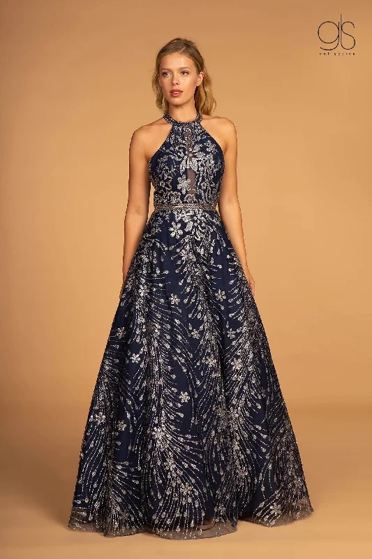 Timeless Satin Dress Prom Long Halter Neck Glitter Print Dress Ball Gown
