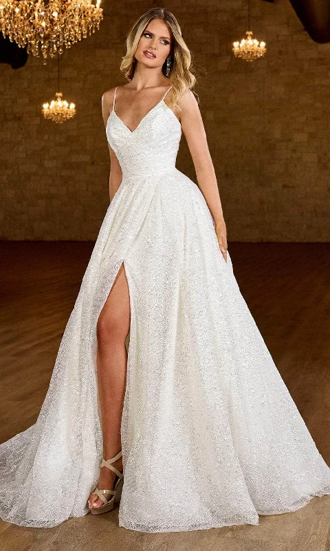 Draped Formal Dress Rachel Allan Bridal RB3200 - Surplice V-Neck Glitter Bridal Gown