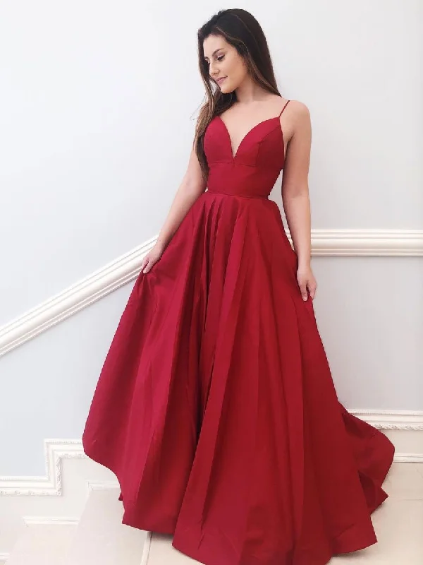 Simple Chiffon Dress Red v neck satin A-line long prom dress red bridesmaid dress,DS1990 Simple Chiffon Dress Red v neck satin A-line long prom dress red bridesmaid dress,DS1990