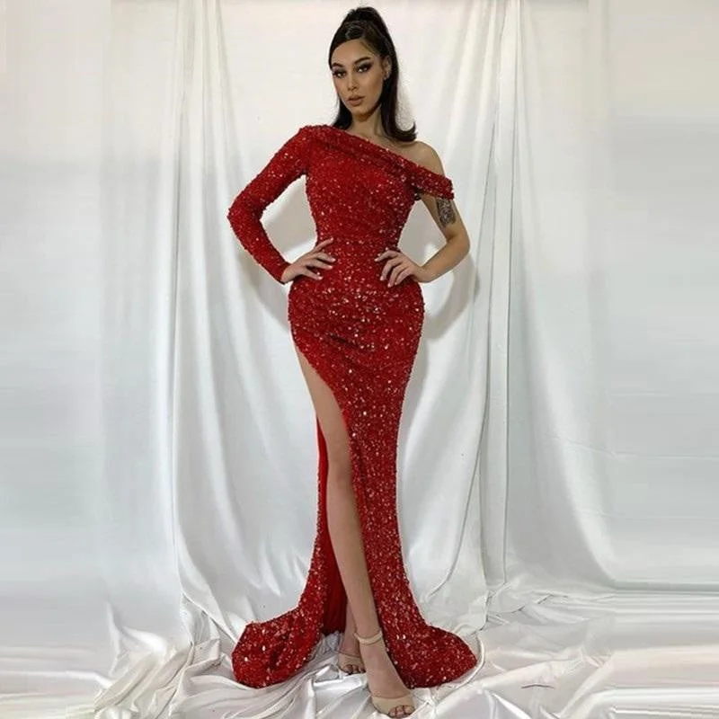 Chic Maxi Dress Robe De Marrige Modern Prom Dresses Off Shoulder Sexy High Side Split Cocktail Party Evening Gowns Long Sequined for Bridesmaid,LW036
