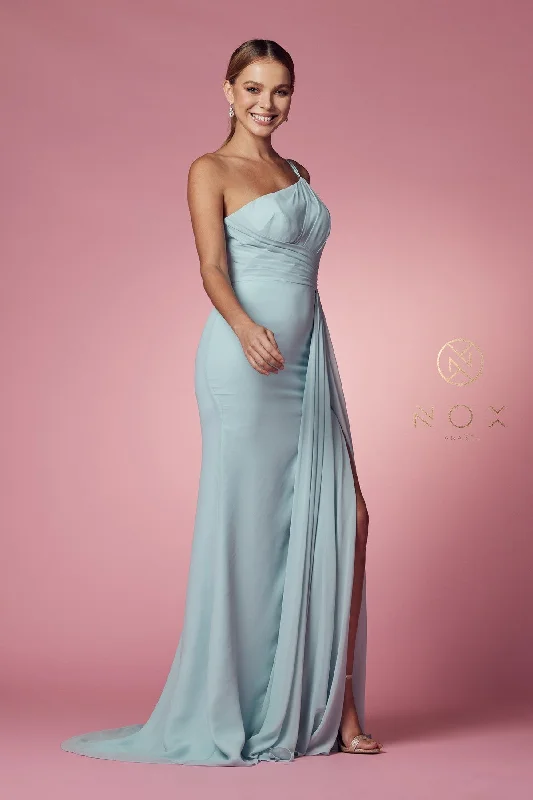Brocade Formal Dress Ruched Long One Shoulder Dress by Nox Anabel E1005