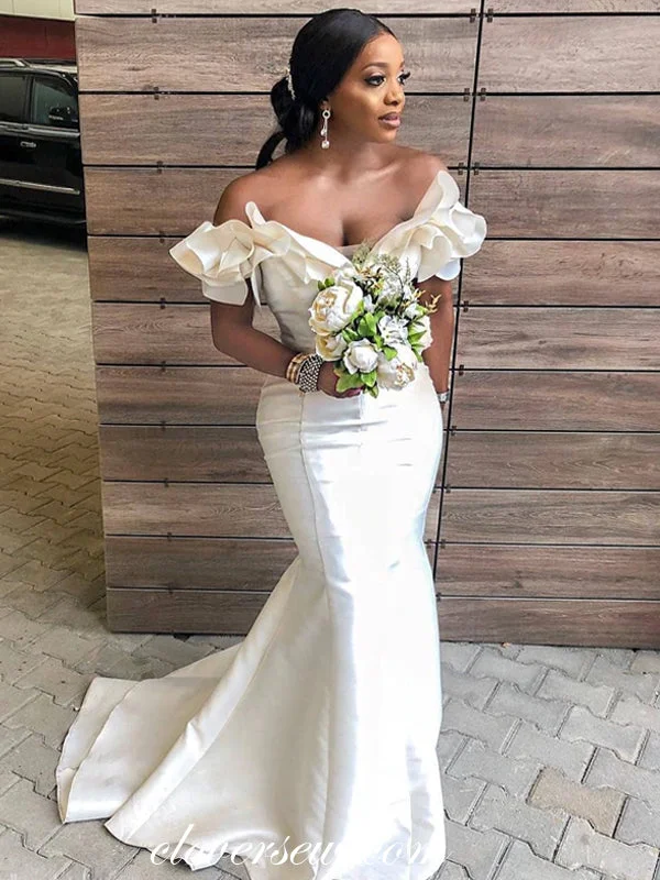 Applique Gown Ruffles Off The Shoulder Ivory Mermaid Bridesmaid Dresses,CB0212