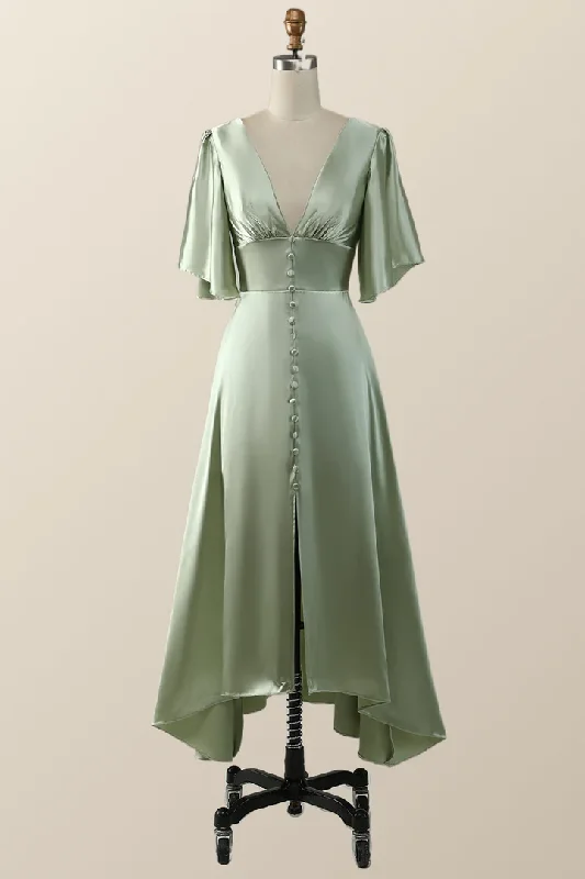 Off-White Gown Sage Green Flare Sleeves Empire Midi Length Bridesmaid Dress,DP1821