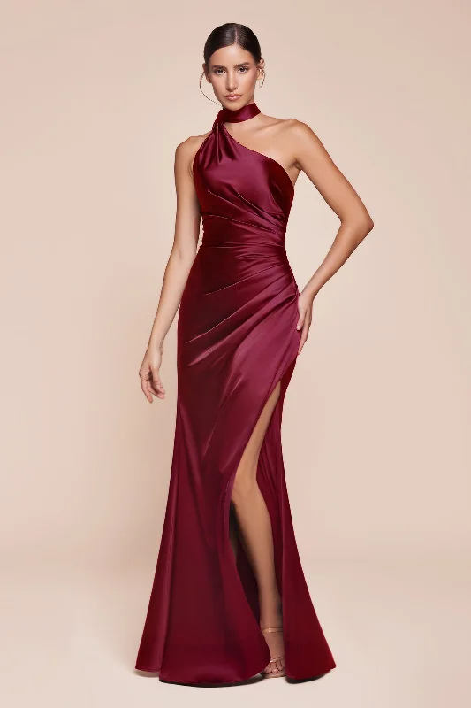 Open Back Dress Satin Fitted One Shoulder Slit Gown by Ladivine 7454