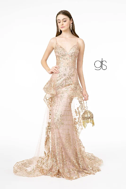 Lavish Red Gown Sheer Bodice Glitter Mesh Mermaid Long Prom Dress