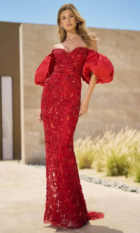 Floor-Length Satin Dress Sherri Hill 55646 - Balloon Sleeve Sweetheart Long Gown