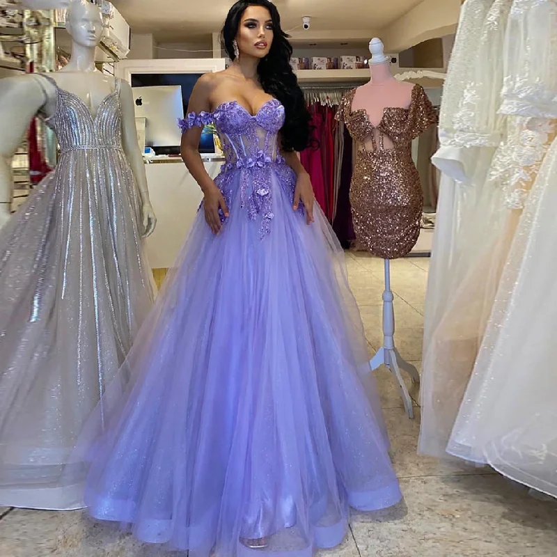 Gorgeous Party Dress Shiny Purple Tulle 3D Flower Prom Dresses A Line Off The Shoulder Lace Formal Party Evening Gowns Women Bridesmaid Dress Gorgeous Party Dress Shiny Purple Tulle 3D Flower Prom Dresses A Line Off The Shoulder Lace Formal Party Evening Gowns Women Bridesmaid Dress