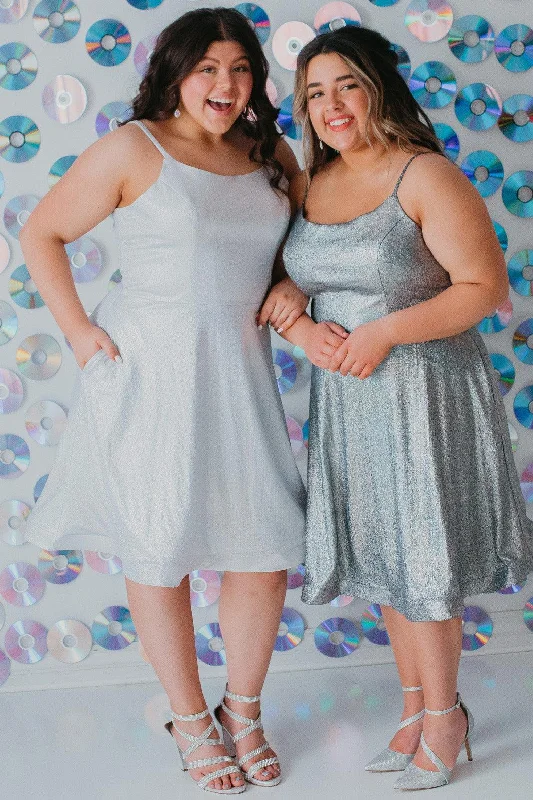 Dreamy Tulle Skirt Sydneys Closet SC8118 Short Plus Size Homecoming Metallic Prom Dress