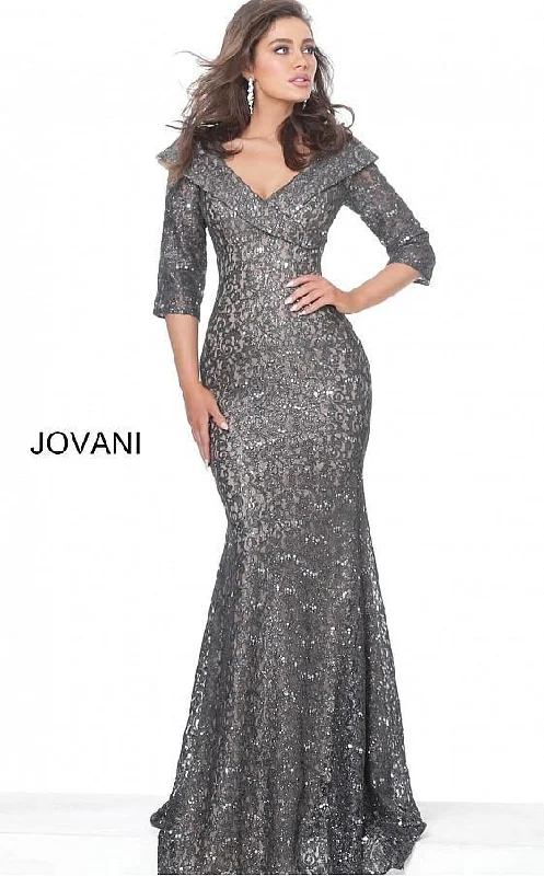 Asymmetrical Gown Jovani 03426 Long Long Sleeve Formal Lace Evening Gown