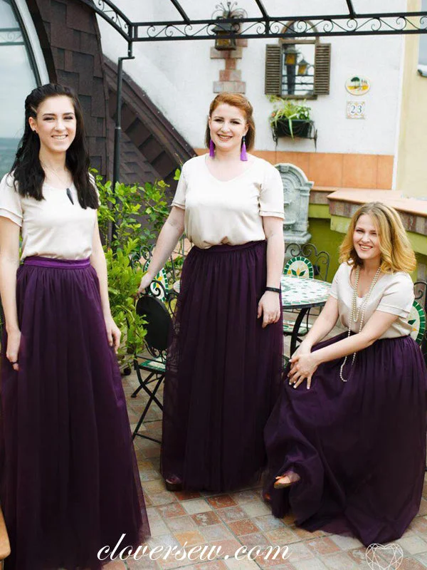 Chic Formal Gown Two Piece Grape Tulle Short Sleeves A-line Fashion Bridesmaid Dresses, CB0206 Chic Formal Gown Two Piece Grape Tulle Short Sleeves A-line Fashion Bridesmaid Dresses, CB0206