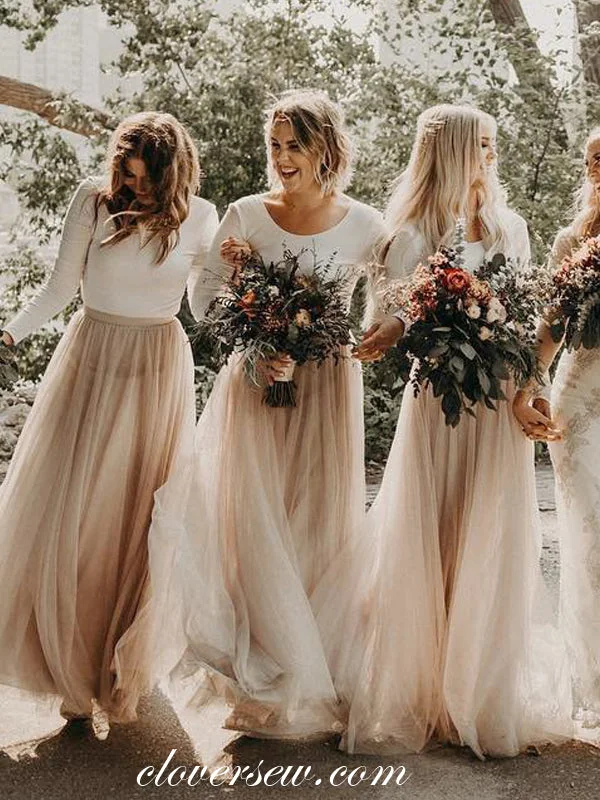 Open Back Dress Two Piece Long Sleeves Tulle Popular Bridesmaid Dresses, CB0207