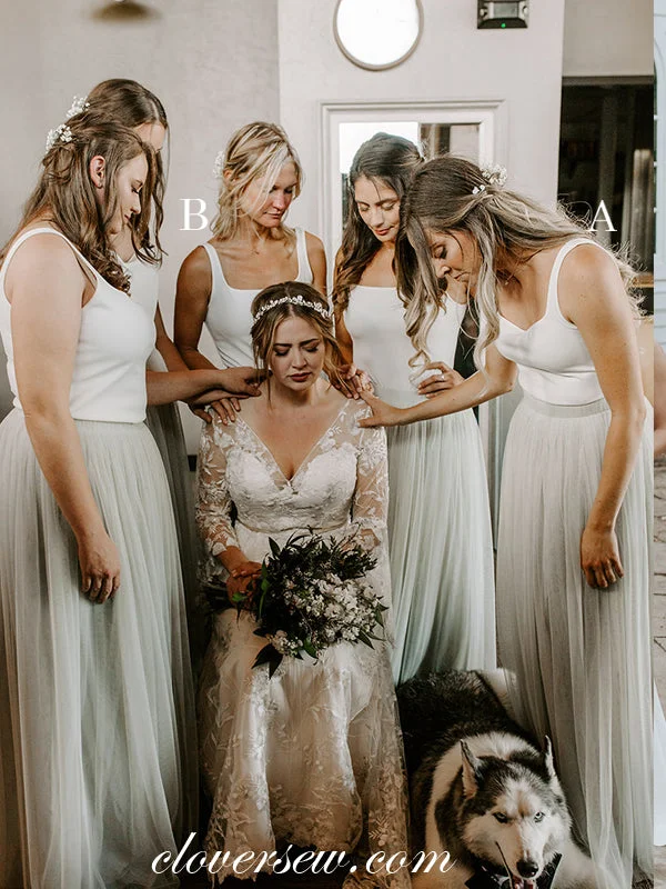 Lace Sleeves Dress Two Piece White Top Grey Tulle Mismatched Bridesmaid Dresses, CB0203 Lace Sleeves Dress Two Piece White Top Grey Tulle Mismatched Bridesmaid Dresses, CB0203