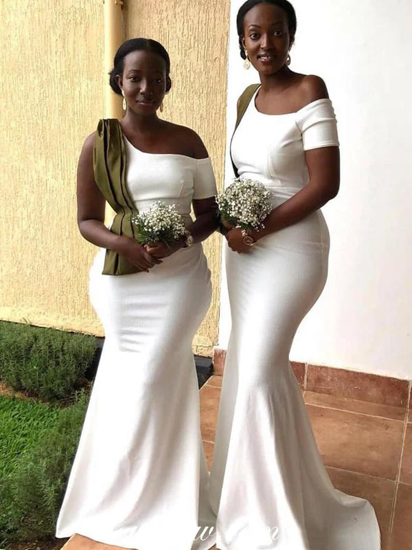 Formal Red Dress Unique One Sleeve Mermaid White Bridesmaid Dresses, CB0179
