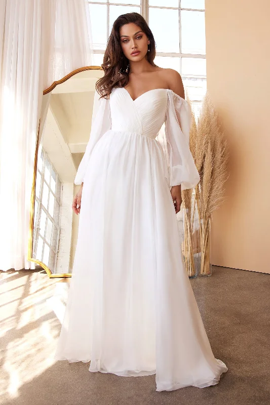 Red Carpet Dress White Long Sleeve Chiffon Gown by Cinderella Divine CD243W