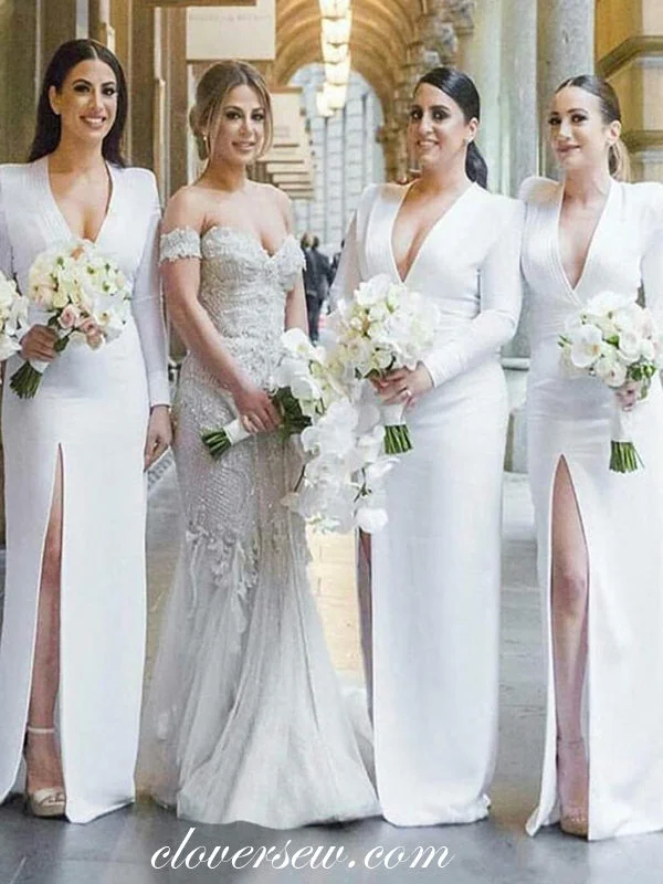 Satin Mermaid Dress White Satin V-neck Long Sleeves Side Slit Bridesmaid Dresses, CB0199 Satin Mermaid Dress White Satin V-neck Long Sleeves Side Slit Bridesmaid Dresses, CB0199