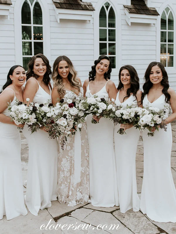 Draped Formal Dress White Spaghetti Strap V-neck Sheath Elegant Bridesmaid Dresses, CB0202 Draped Formal Dress White Spaghetti Strap V-neck Sheath Elegant Bridesmaid Dresses, CB0202