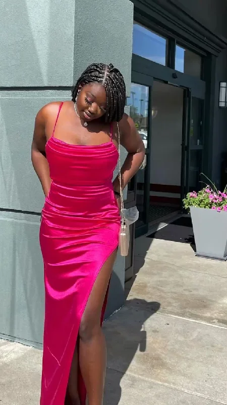 Royal Inspired Gown Fuchsia Straps Satin Black Girl Bridesmaid Dress Evening Party Dress with Slit,DP1278