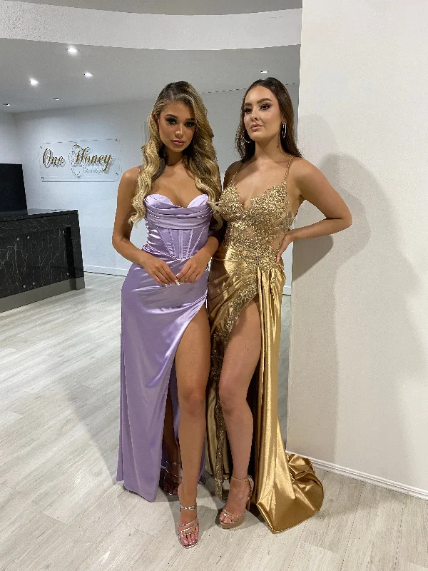 Winter Ball Gown ZENDAYA Satin Corset Bustier Leg Split School Formal Dress
