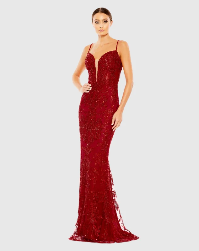 Unique Cocktail Dress Embellished Plunge Neck Illusion Mermaid Gown