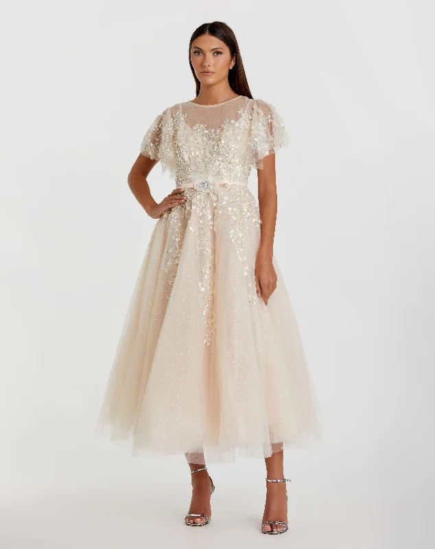 Cinderella Style Dress Embellished Flutter Sleeve Bow Waist A Line Dress