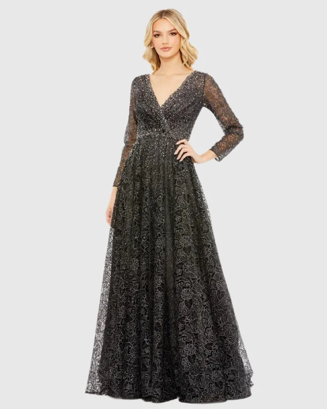 Metallic Formal Dress Embellished Illusion Long Sleeve V Neck Gown