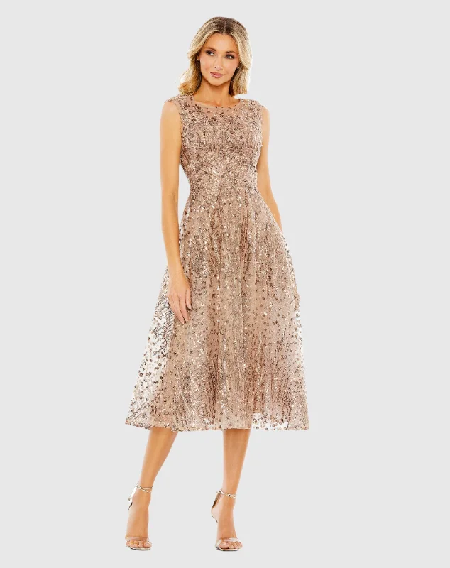 Off-White Gown Sequined Cap Sleeve Fit and Flare Dress
