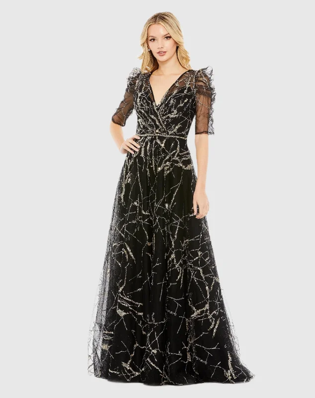 Glamorous Formal Dress Embellished Gathered Puff Sleeve Faux Wrap Gown