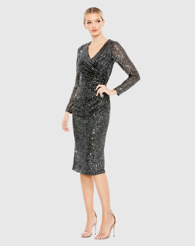Draped Formal Dress Sequined Faux Wrap V Neck Long Sleeve Midi Dress