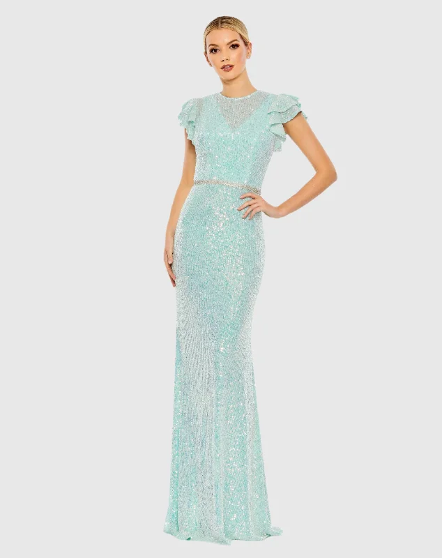 Royal Inspired Gown Sequined High Neck Flutter Sleeve Gown