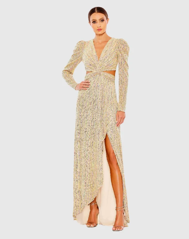 Navy Blue Gown Metallic Puff Sleeve Front Twist Cut Out Gown