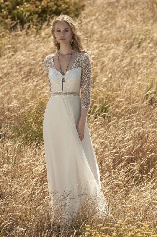 Eye-Catching Satin Gown 3/4 Sleeve Chiffon Elegant Wedding Dress With Lace Top And Keyhole Back-715878 Eye-Catching Satin Gown 3/4 Sleeve Chiffon Elegant Wedding Dress With Lace Top And Keyhole Back-715878