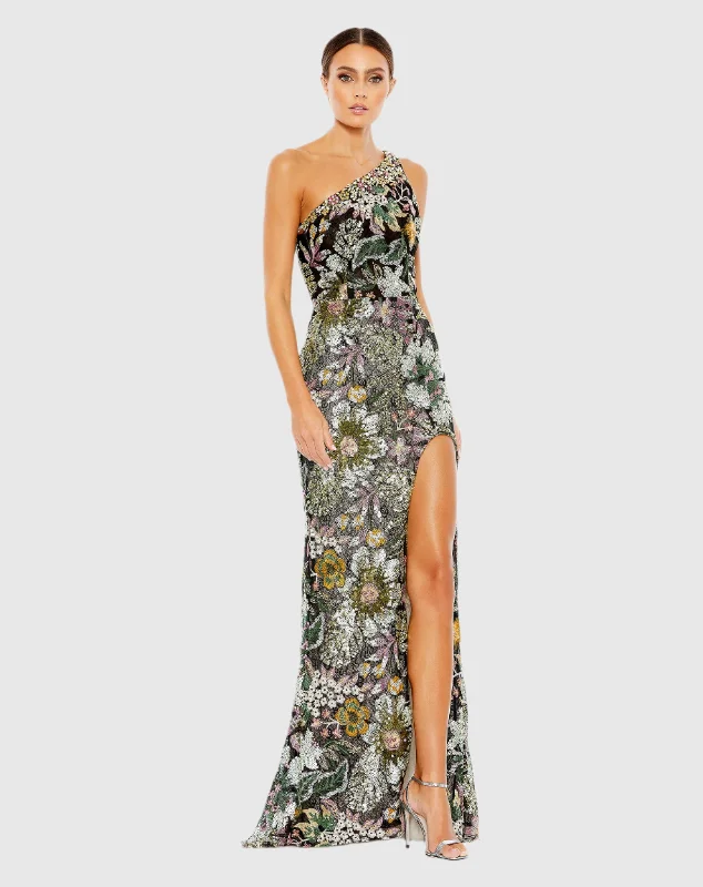 Lavish Red Gown Embellished Floral One Shoulder Gown