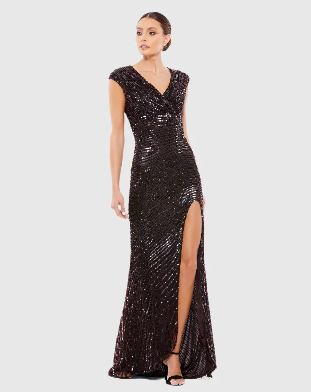 Romantic Floral Dress Cap Sleeve Sequined Evening Gown