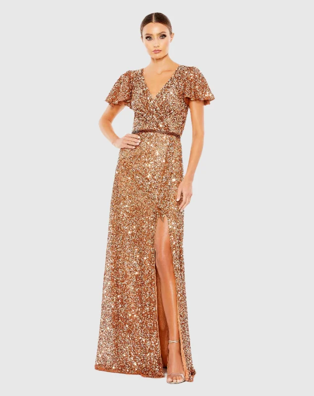 Lace Sleeves Dress Sequined Wrap Over Butterfly Sleeve Draped Gown