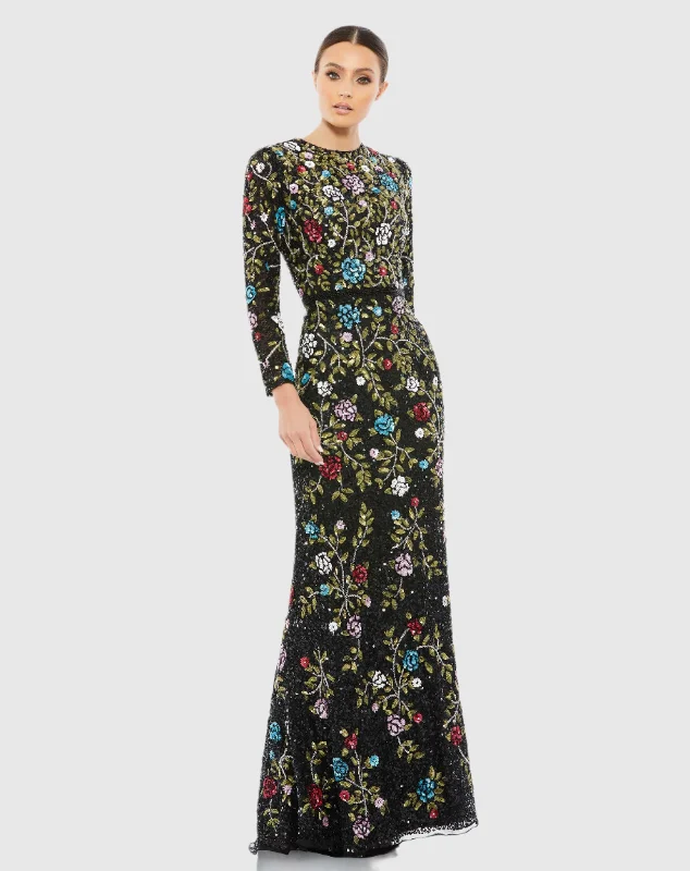 Royal Blue Dress Floral Embellished Long Sleeve Gown