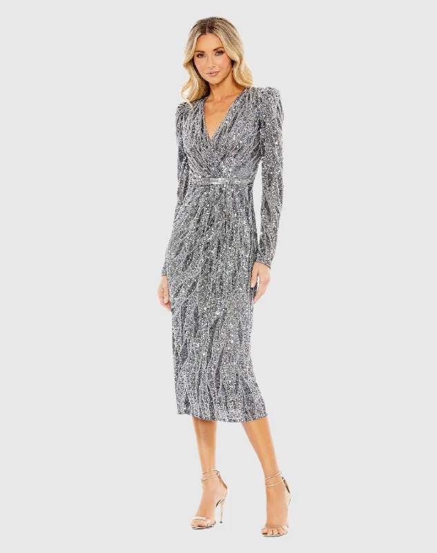 Asymmetrical Gown Long Sleeve V Neck Beaded Cocktail Dress