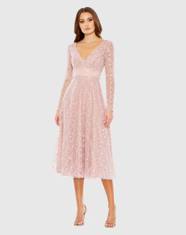 Delicate Lace Dress Embellished Illusion Long Sleeve Dress