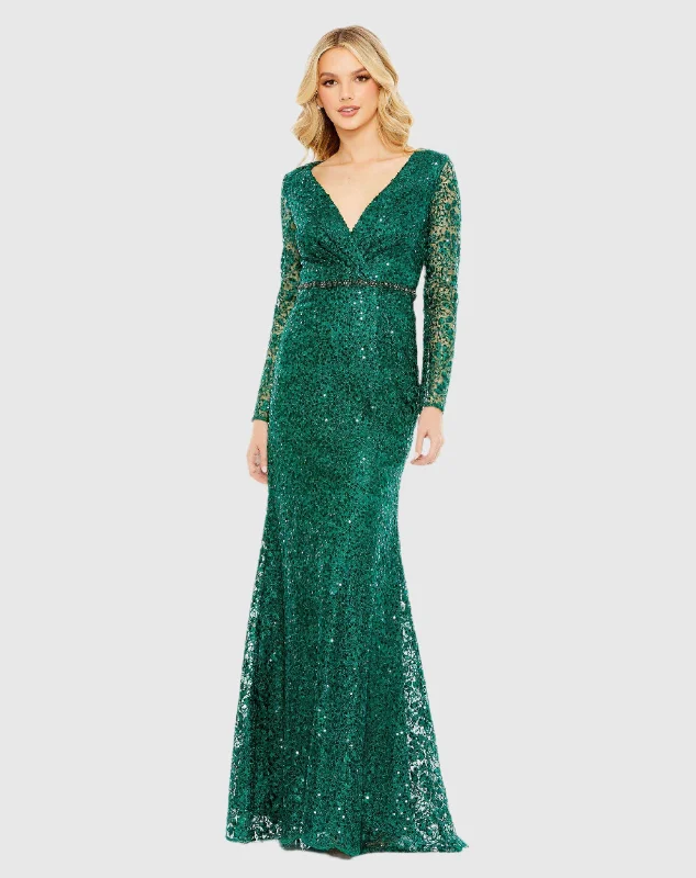Whimsical Evening Gown Embellished Wrap Over Long Sleeve Gown
