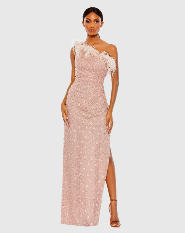 Party Ready Dress Embellished One Shoulder Gown w/ Ostrich Feathers