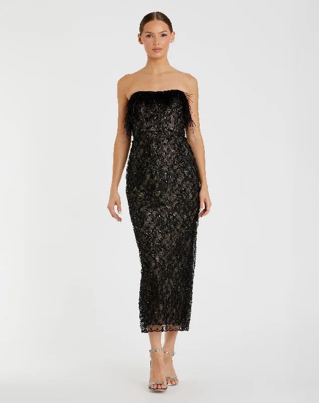 Draped Satin Gown Embellished Feather Strapless Column Dress