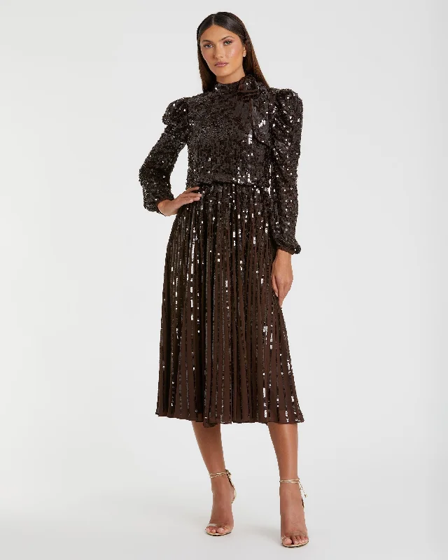 Brocade Formal Dress Long Sleeve Sequin Tea Length Dress