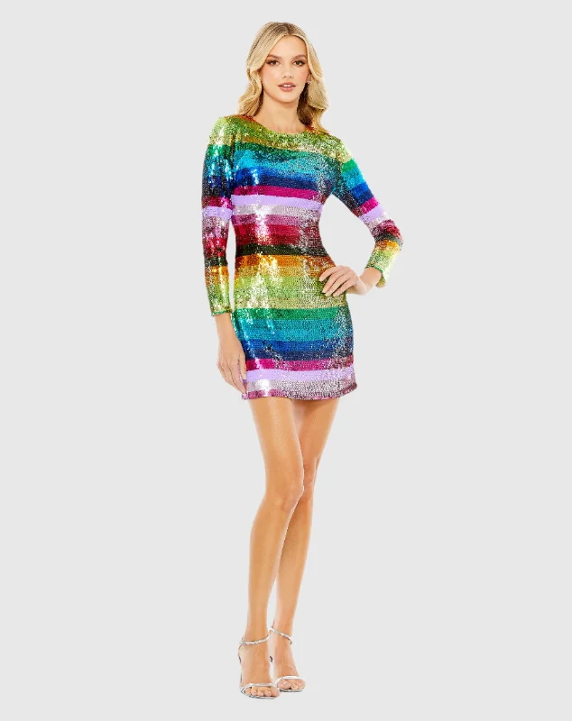 Structured Evening Gown Long Sleeve Sequin Rainbow Dress