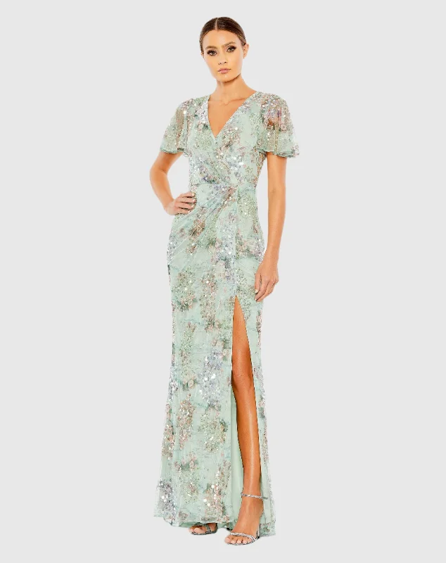 Bold Print Formal Dress Embellished Butterfly Sleeve Faux Wrap Gown