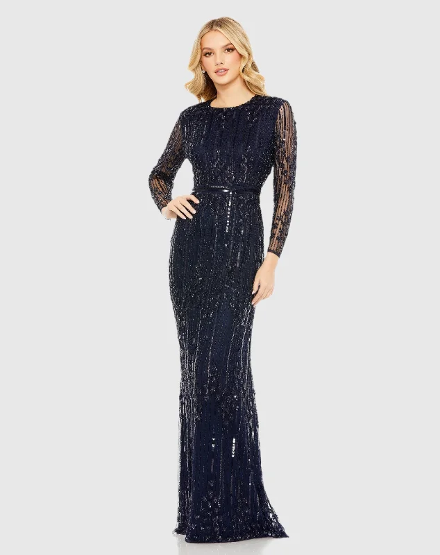 Puffy Formal Dress Embellished Long Sleeve Column Gown