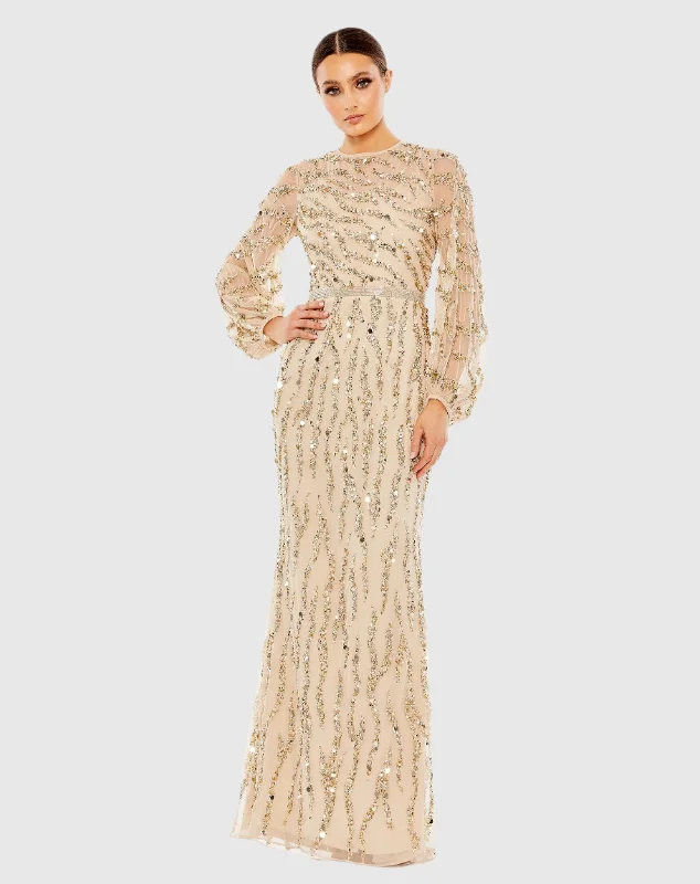 Hollywood-Inspired Gown Embellished High Neck Puff Sleeve Trumpet Gown