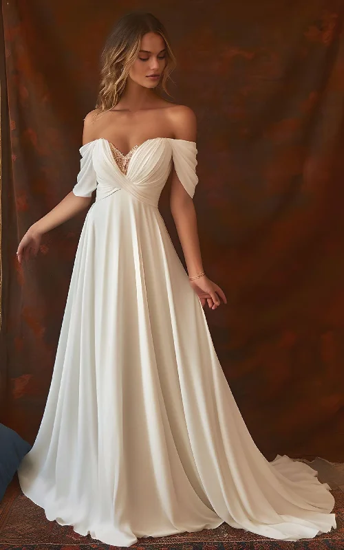 Subtle Shine Dress A-Line Chiffon Sleeveless Wedding Dress with Ruching 2023 Off-the-shoulder Country Garden Sweep Train Elegant Simple-MW_760046 Subtle Shine Dress A-Line Chiffon Sleeveless Wedding Dress with Ruching 2023 Off-the-shoulder Country Garden Sweep Train Elegant Simple-MW_760046