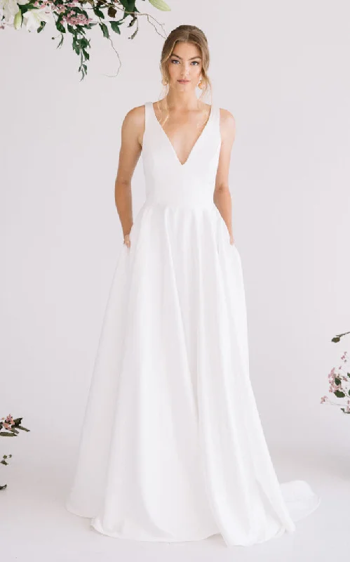 Bold Red Dress A Line Ethereal Satin Wedding Dress with Pockets and Train-716235