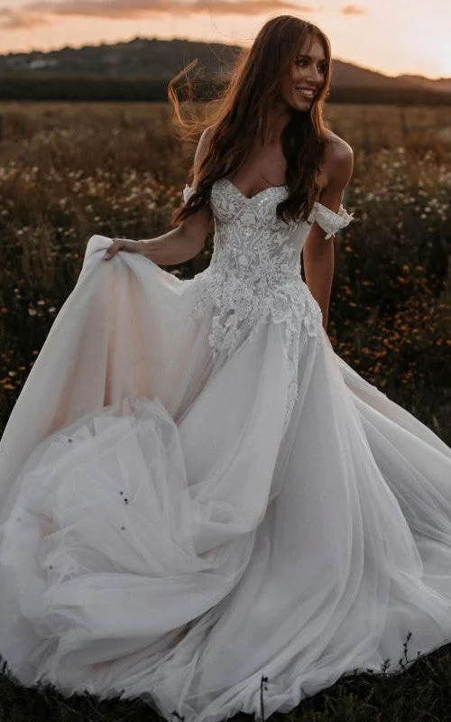 Stunning Applique Dress A Line Romantic Off-the-shoulder Tulle Wedding Dress with Appliques-716303 Stunning Applique Dress A Line Romantic Off-the-shoulder Tulle Wedding Dress with Appliques-716303